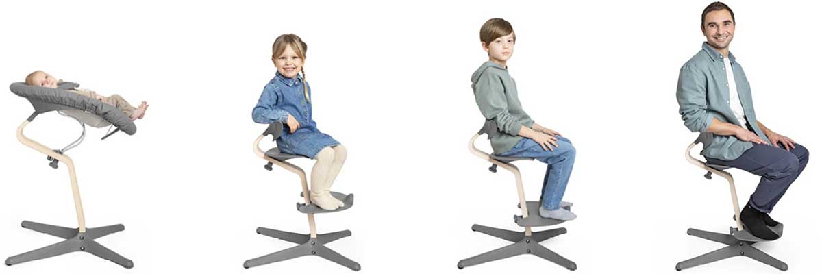 stokke nomi en uso como hamaca de recien nacido, trona, silla evolutiva y silla de adulto